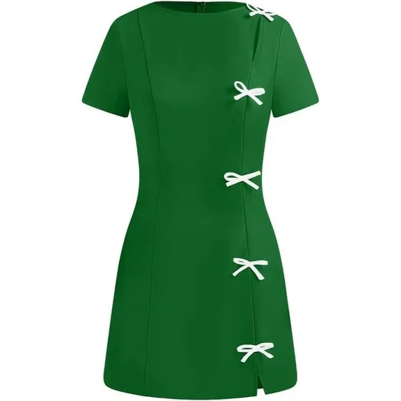 Women Black Short Sleeve Mini Dress with White Bow Details Elegant Party Outfit - Picture 8 of 8